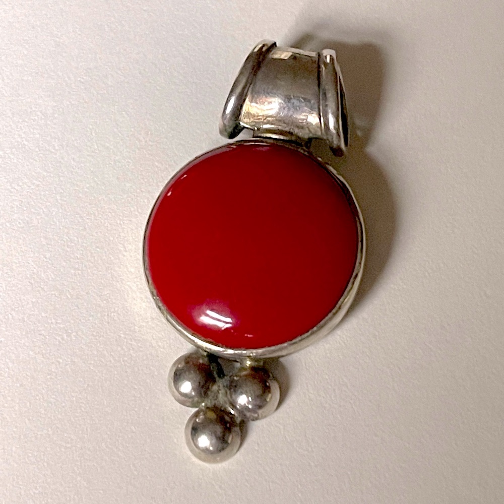 Vintage 925 Silver Red Coral Pendant signed necklace menswear womenswear